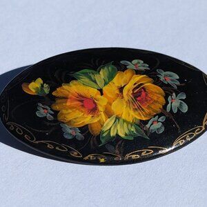 Vintage Russian Wooden Oval Shield Brooch Black Painted Floral Design 2.5" 1990s